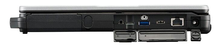 Rechts: Stylus-Schacht, kombinierter 3,5-mm-Audioanschluss, USB 3.1 Gen. 1 Typ-A, USB 3.1 Typ-C, Gigabit RJ-45, Ladeanschluss