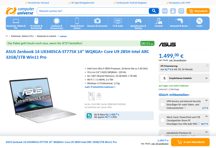 Asus ZenBook 14 UX3405CA-ST775X für 1.499 Euro.