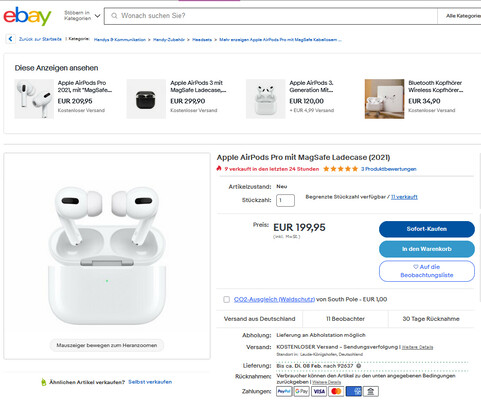 Apple AirPods Pro mit MagSafe Ladecase im eBay-Deal für unter 200 Euro.