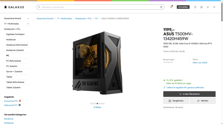 Asus TUF T500 T500MV-13420H459W für 1.199 Euro.