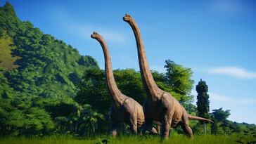 Ein Bild zeigt zwei Brachiosaurier in Jurassic World Evolution