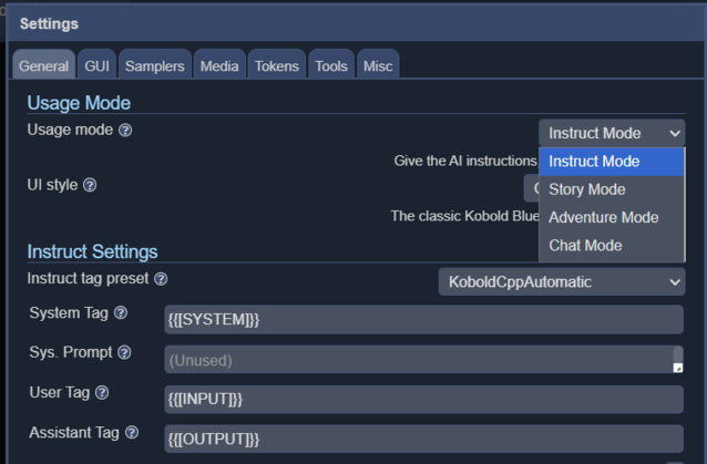 Instruct wird verwendet, um dem LLM Anweisungen zu geben, Chat ähnelt einem Chatbot, Story ist gut für das Schreiben von Romanen und Adventure eignet sich am besten für interaktive Fiktion im RPG-Stil.