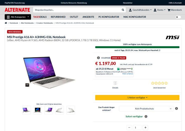 MSI Prestige A16 AI+ A3HMG-036 für 1.197 Euro.