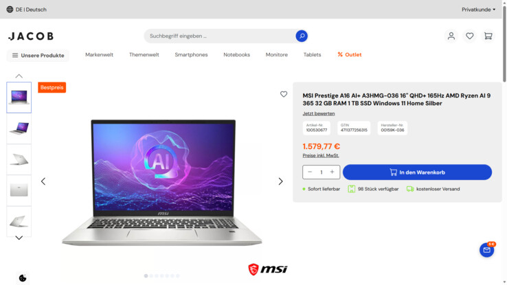 MSI Prestige A16 AI+ A3HMG-036 für 1.579,77 Euro