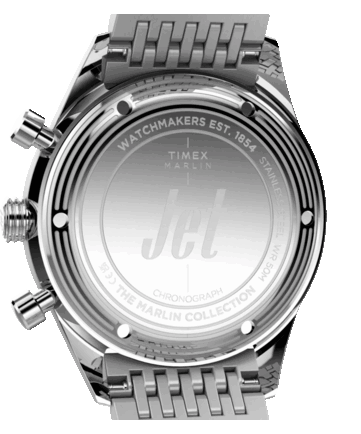 Rückansicht des Timex Marlin Jet Chronograph mit Edelstahlboden, konzentrischen Kreisverzierungen, eingravierten Markierungen und Jet-Logo.