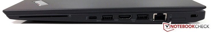 rechts: SmartCard-Leser, USB-C Gen. 2 (TB 3), USB 3.0, HDMI 1.4b, USB 3.0 (Always-On), Gigabit-Ethernet, SIM-Slot, Kensington Lock