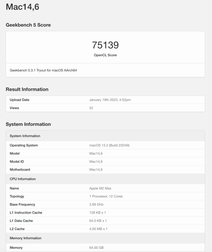 Der Apple M2 Max ist bei Geekbench aufgetaucht (Bild: Geekbench, Screenshot)