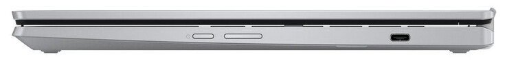 Rechte Seite: Einschaltknopf, Lautstärkewippe, USB 3.2 Gen 1 (USB-C; Power Delivery, Displayport)