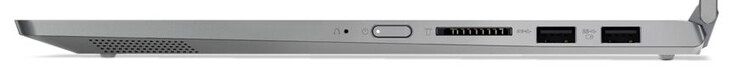 Rechte Seite: Einschaltknopf, Speicherkartenleser (SD), 2x USB 3.2 Gen 1 (Typ A)
