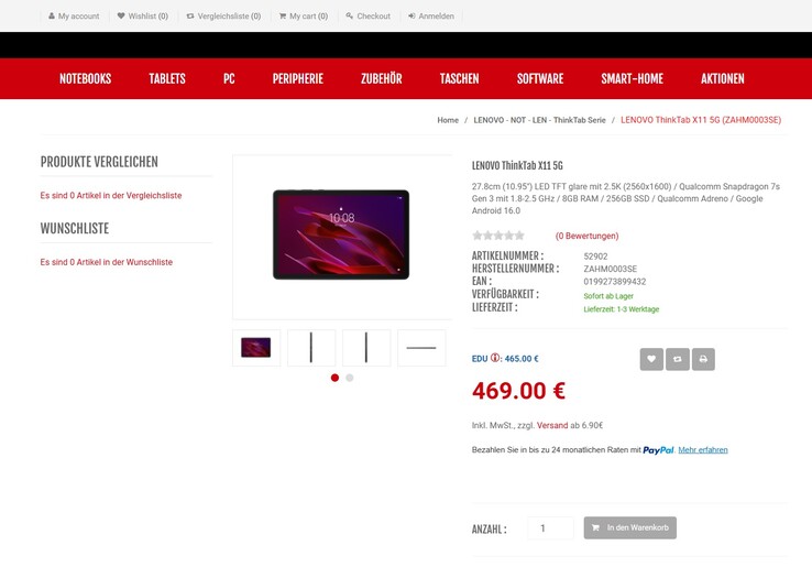 Lenovo ThinkTab X11 Gen 1 ZAHM0003SE für 469 Euro.