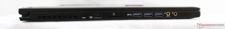 links: Kensington Lock, SD-Leser, 3x USB 3.0, 3,5-mm-Kopfhörer, 3,5-mm-Mikrofon