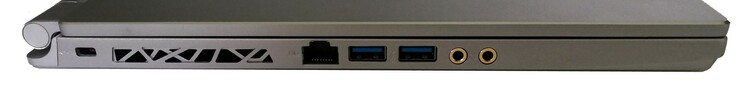 Linke Seite: Kensington Lock, RJ45-LAN, 2x USB 3.1, Kopfhörer, Mikrofon