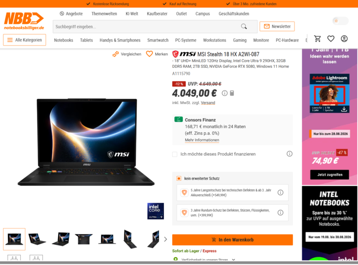 MSI Stealth 18 HX A2WI-087 für 4.049 Euro.