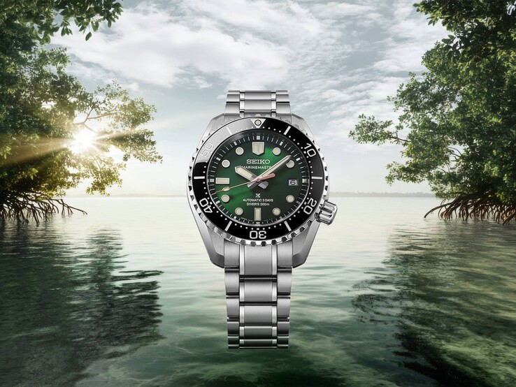 Seiko Marinemaster HBF003J1 am Edelstahlarmband vor einer tropischen Mangrovenlandschaft mit üppigem Grün, ruhigem Wasser und Sonnenlicht im Hintergrund