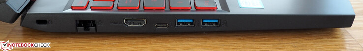Linke Seite: Kensington Lock, RJ45-LAN, HDMI 2.0, USB-C 3.0, 2x USB-A 3.0