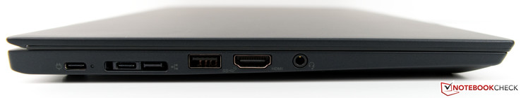 Links: 2x USB-C (Gen.2 mit DisplayPort), Mini-Netzwerk/Docking, USB-A 3.1 (Gen.2), HDMI 2.0, Audio