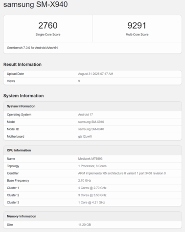 Das Samsung Galaxy Tab S12 Ultra wurde mit Dimensity 9500 in Geekbench 7 getetestet.