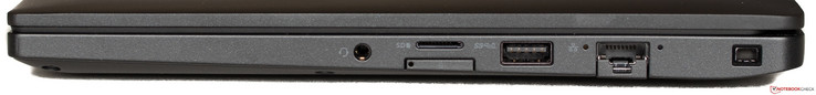 Rechte Seite: Audio in/out, microSD, darunter Micro-SIM Tray (deaktiviert), USB 3.1, Ethernet, Steckplatz für Noble Sicherheitsschloss (Keilform)