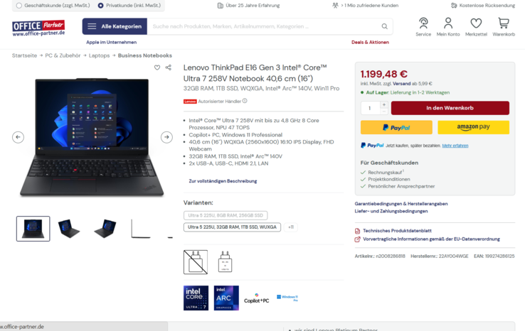 Lenovo ThinkPad E16 G3 22AY004WGE für 1.199,48 Euro.