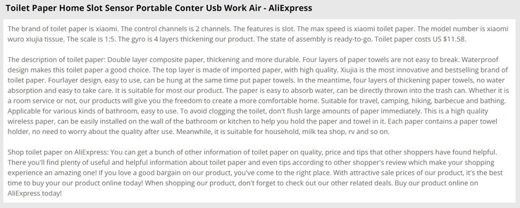 Ein High-Tech-Produkt, das Xiaomi Klopapier, hier in der Beschreibung auf Aliexpress.