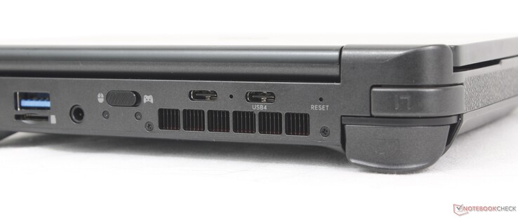 Rückseite: USB-A (10 Gbit/s), MicroSD-Leser, 3,5-mm-Headset, Controller/Maus-Schalter, USB-C 3.2 Gen. 2 (10 Gbit/s), USB-C 4.0, Reset-Taste