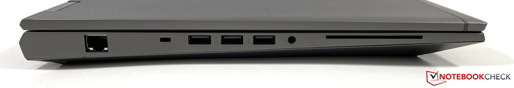 Links: Ethernet, Steckplatz für Nano-Sicherheitsschloss, 3x USB 3.2 Gen 1 (1x mit Ladefunktion), 3,5-mm-Klinke, SmartCard