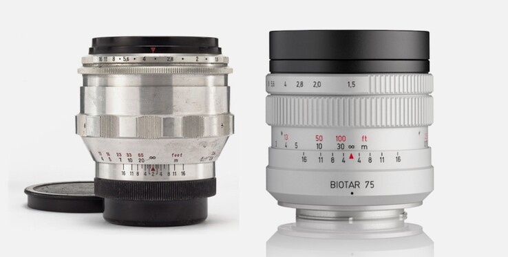 Das Objektiv wurde dem Biotar 75 f1.5 aus den 1930er-Jahren nachempfunden, das links im Bild zu sehen ist.