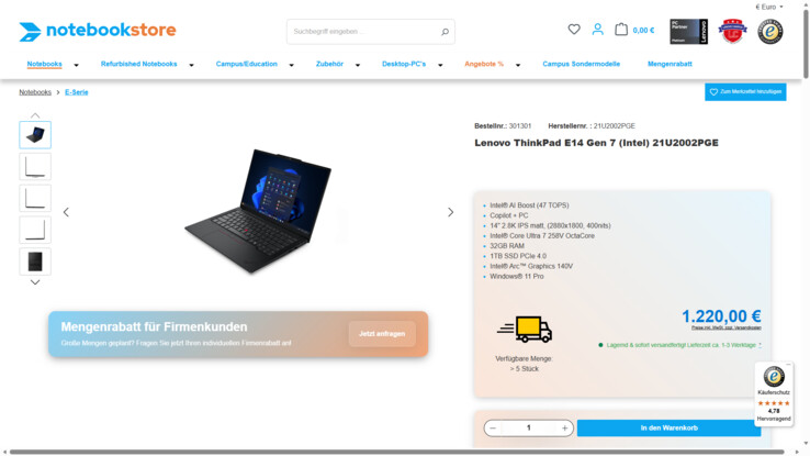 Lenovo ThinkPad E14 Gen 7 21U2002PGE für 1.220 Euro.