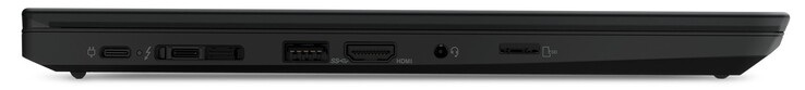 Linke Seite: 2x Thunderbolt 4 (Netzanschluss, inkl. DisplayPort 1.4, PD 3.0), DockingPort, 1x USB-A 3.2 Gen2, HDMI 2.0, kombinierter Audioanschluss, microSD-Kartenleser