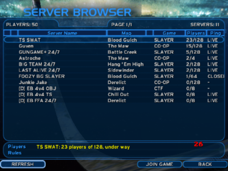 Der native Halo-CE-Port bietet einen öffentlichen Serverbrowser, über den sich Online-Multiplayer-Partien finden und betreten lassen.