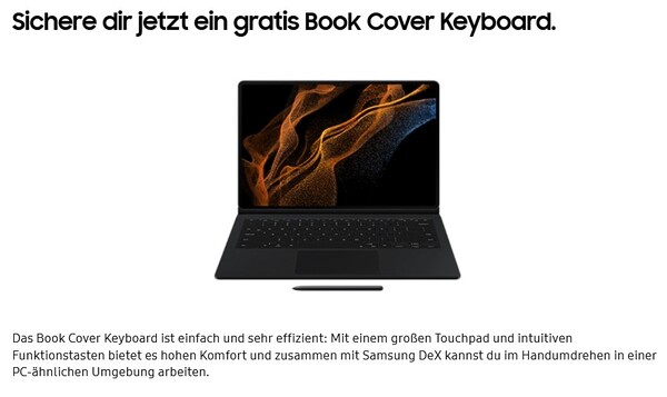 Das Book Cover Keyboard (Slim) gibt es bei der Trade-in-Aktion von Samsung gratis dazu.