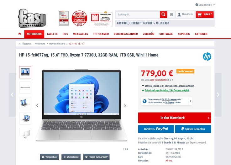 HP 15-fc0677ng für 779 Euro.