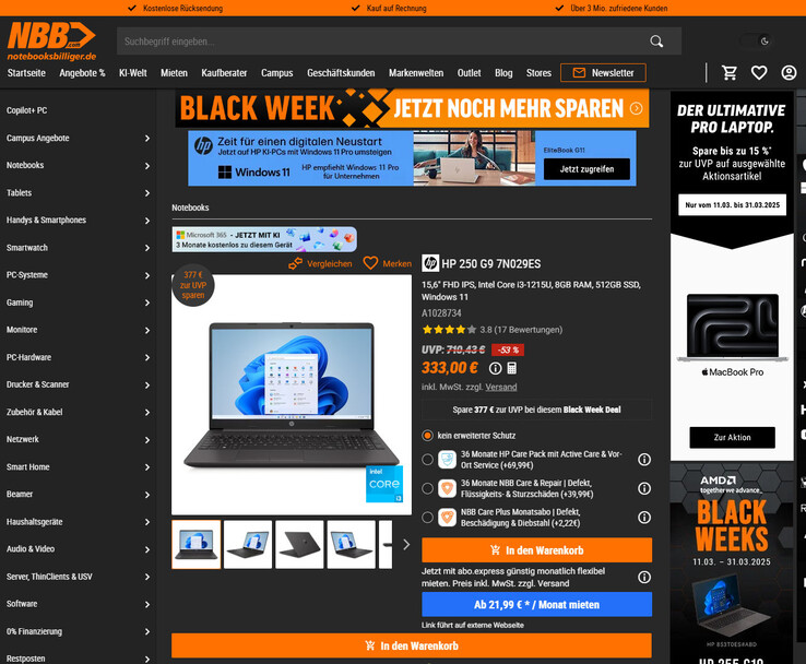 Das HP 250 G9 7N029ES im Angebot für 333 Euro.