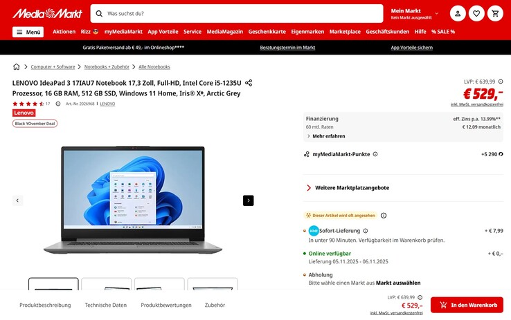 Mediamarkt Österreich führt das Lenovo IdeaPad 3 17IAU7 für 529 Euro im Sortiment.