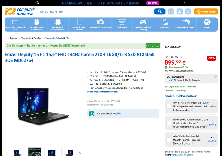 Medion Erazer Deputy 15 P1 für 899 Euro.