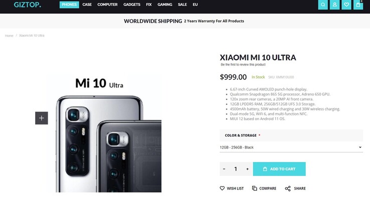 Laut dem (verrufenen) Händler Giztop wird das Mi 10 Ultra 999 US-Dollar kosten.