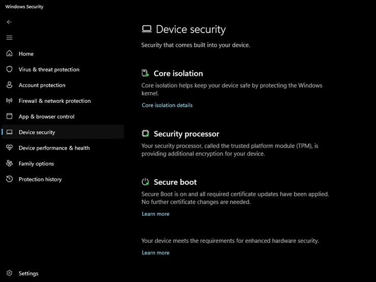 Die Seite „Gerätesicherheit“ in der Windows-Sicherheits-App mit dem offiziellen grünen Statussymbol.