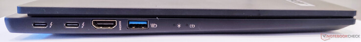 Links: 2x Thunderbolt 4, HDMI-Ausgang, USB 3.2 Gen2 Typ-A, Einschalt-LED, Akku-LED