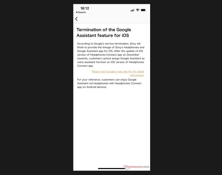 Sony hat Kunden bereits vorgewarnt, dass diese unter iOS bald auf den Google Assistant verzichten müssen. (Screenshot: Notebookcheck)