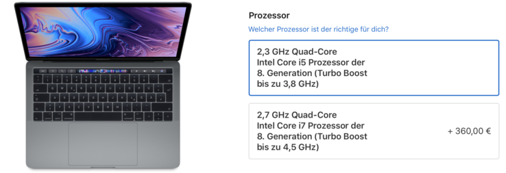 Apple bietet zwei CPUs für das neue MacBook Pro 13 2018 an. (Quelle: Apple)