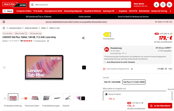 Lenovo Tab Plus ZADX0091SE für 179 Euro.