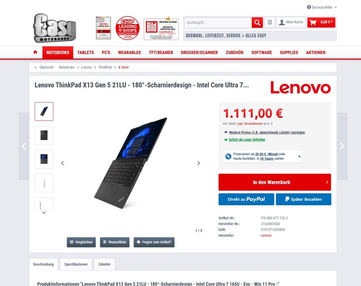 Lenovo ThinkPad X13 Gen 5 21LU007GGE für 1.111 Euro.