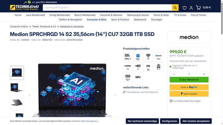 Medion SPRCHRGD 14 S2 für 999 Euro.