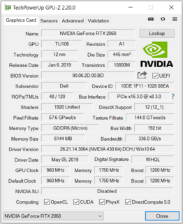 GPU-Z der RTX 2060 im Dell G5 15 5590