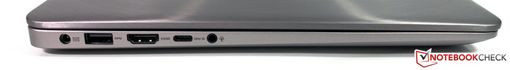 Linke Seite: Strom, USB 3.0, HDMI, USB 3.1 Typ C (Gen.1 + DisplayPort), 3,5-mm-Audio