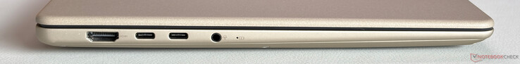 Links: HDMI 2.1 (TMDS), 2x USB-C 3.2 Gen. 2 (10 Gbit/s, DisplayPort, Power Delivery), 3,5-mm-Stereoanschluss