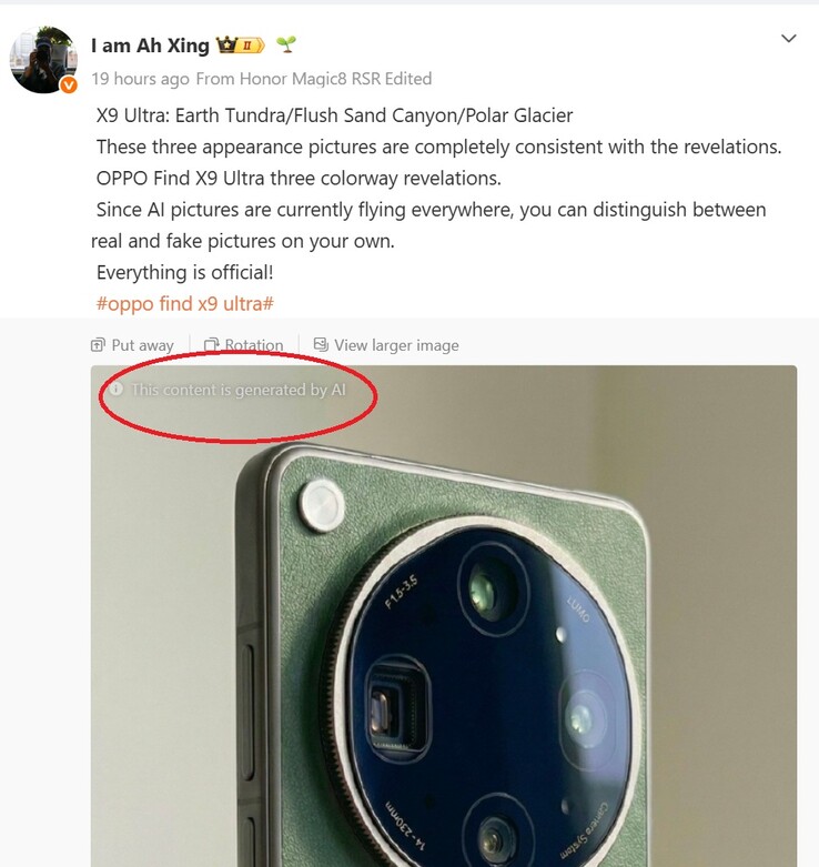 Auf Weibo wird bei einigen der vermeintlichen Oppo Find X9 Ultra Photos eine KI-Warnung eingeblendet.