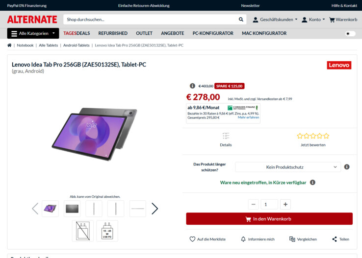Lenovo Idea Tab Pro ZAE50132SE für 278 Euro.