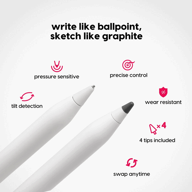Eine neue Graphitspitze, die einem 2B-Bleistift nachempfunden ist, ergänzt die bereits vorhandene Stahlkugelschreiberspitze.