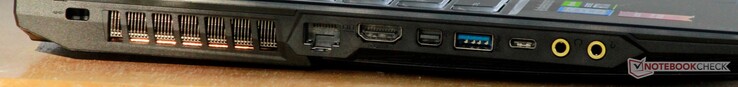Links: Belüftungsgitter, Ethernet, HDMI 1.4, Mini-DisplayPort 1.2, USB 3.1 Gen. 1 Typ-A, USB 3.1 Gen. 1 Typ-C, Kopfhörerausgang, Mikrofoneingang